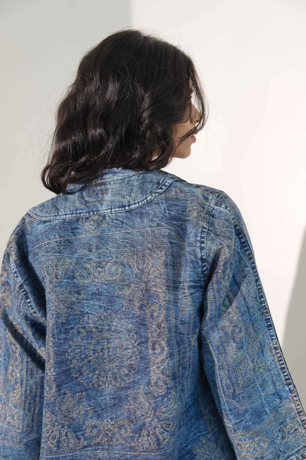 Denim Metallic Brocade Short Jacket