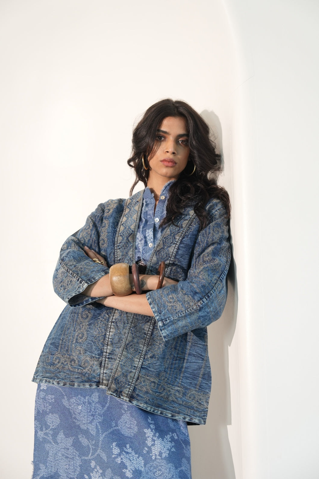 Denim Metallic Brocade Short Jacket