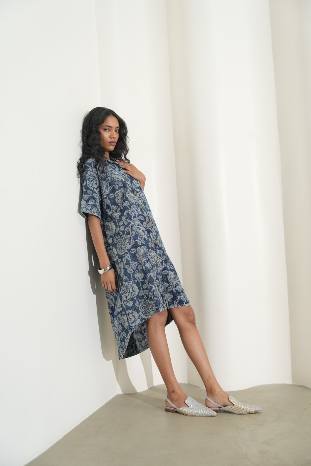 Denim Blue Floral Design Brocade Shirt Dress