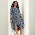Brocade Floral Design Denim Blue Shirt Dress