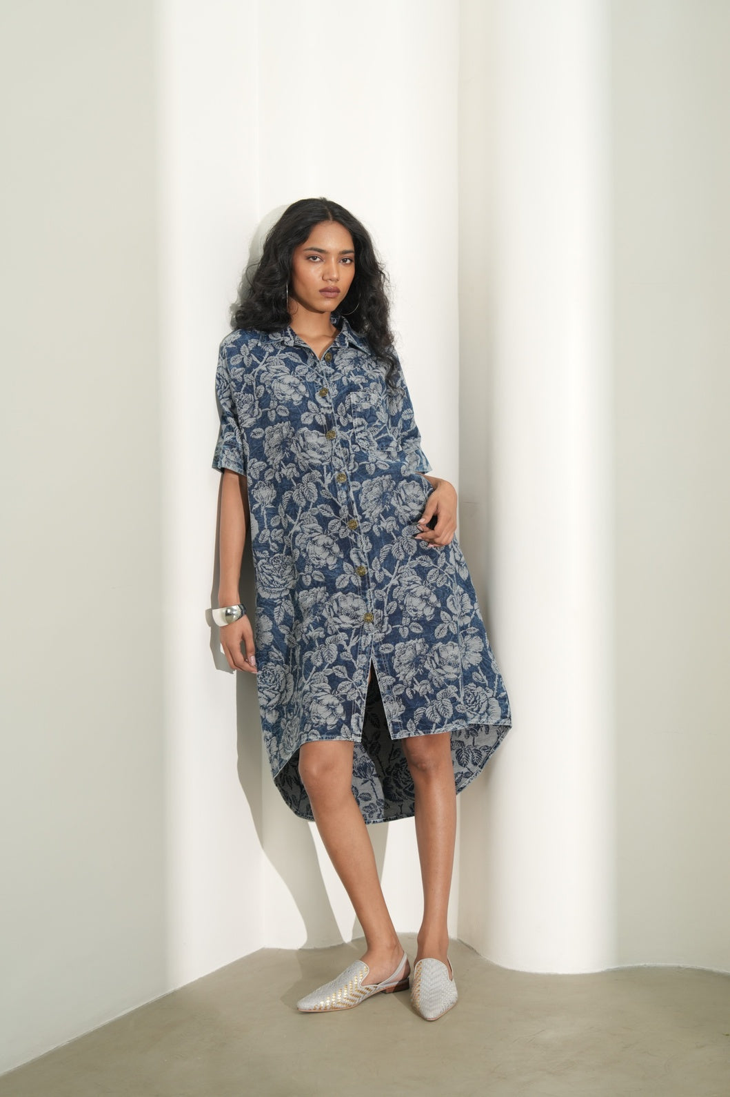 Brocade Floral Design Denim Blue Shirt Dress