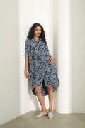 Denim Blue Floral Design Brocade Shirt Dress - Pre Order