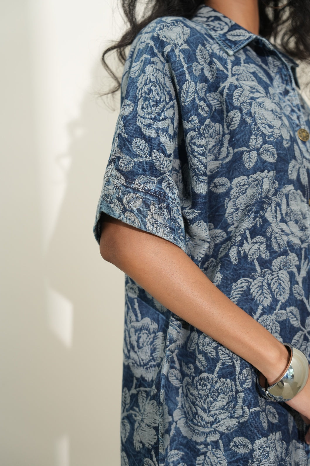 Denim Blue Floral Design Brocade Shirt Dress