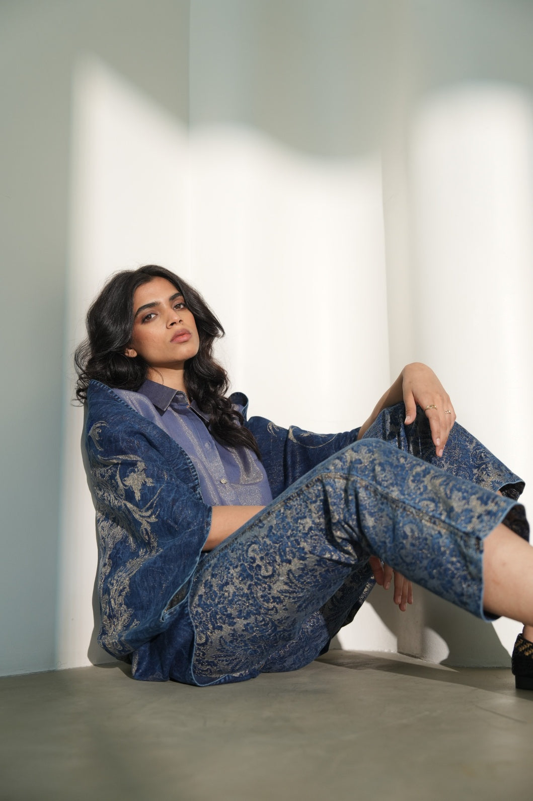 Denim Metallic Brocade Straight Pants