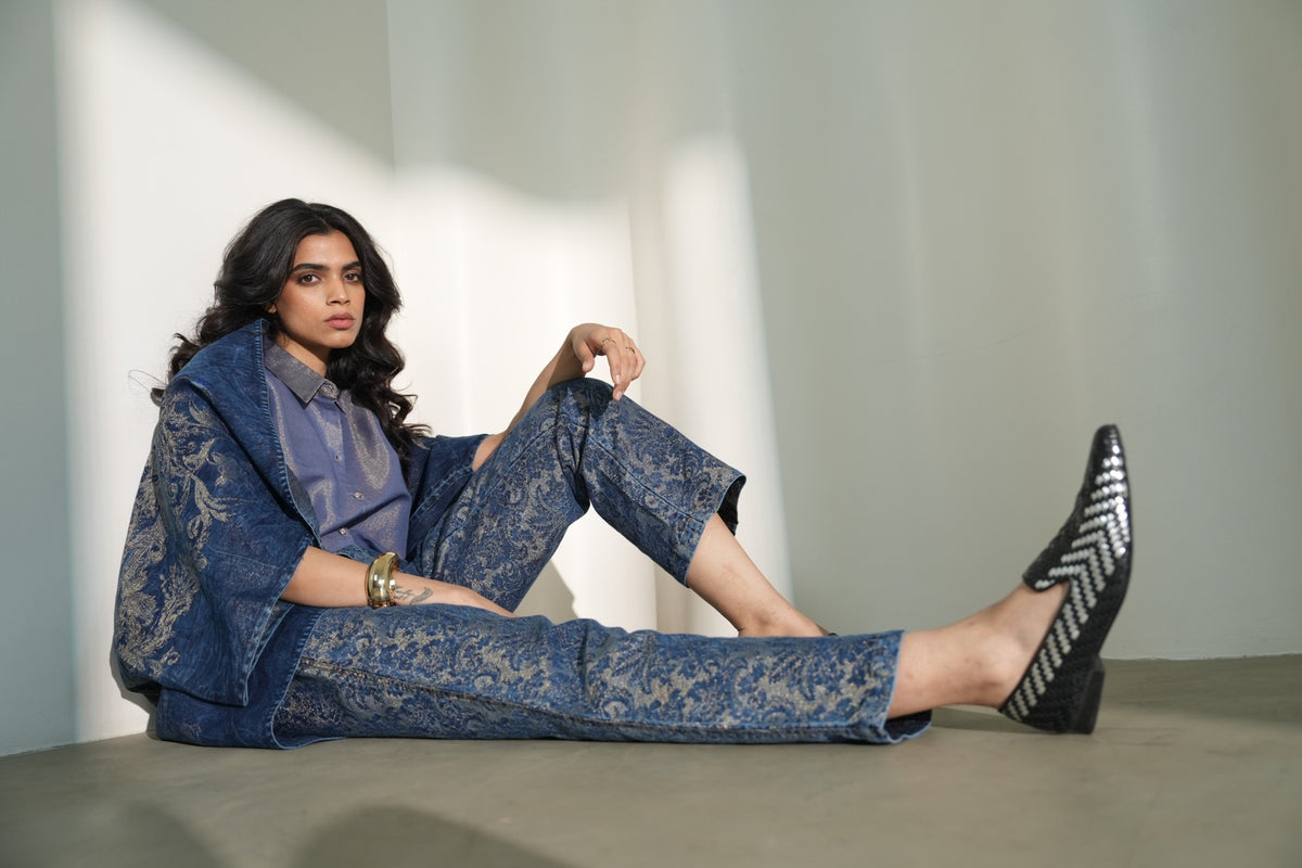 Denim Metallic Brocade Straight Pants