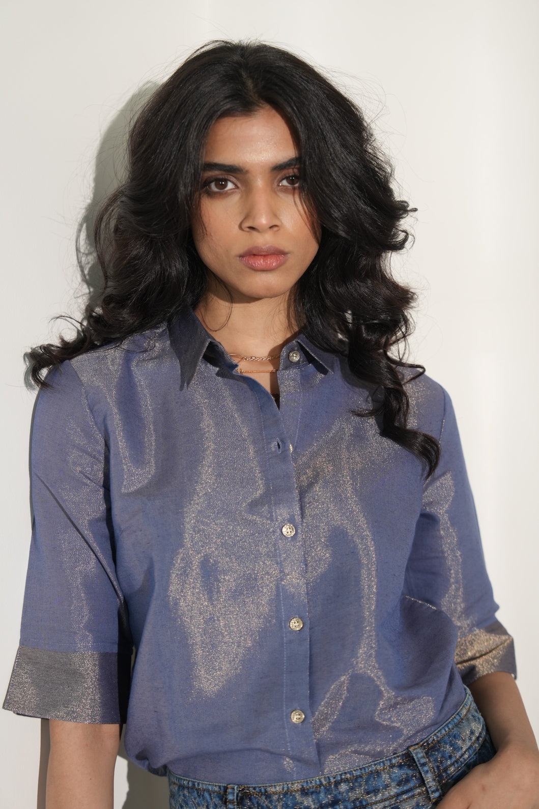 Navy Solid Colored Metallic Shirt