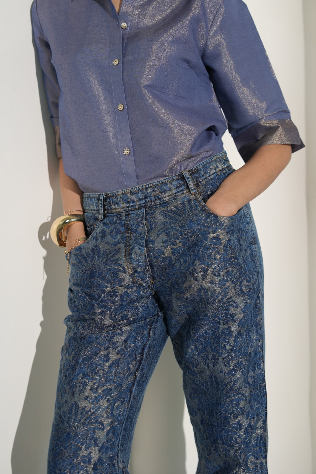 Denim Metallic Brocade Straight Pants