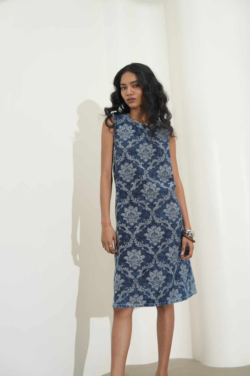 Denim Brocade Tapestry Design Shift Dress