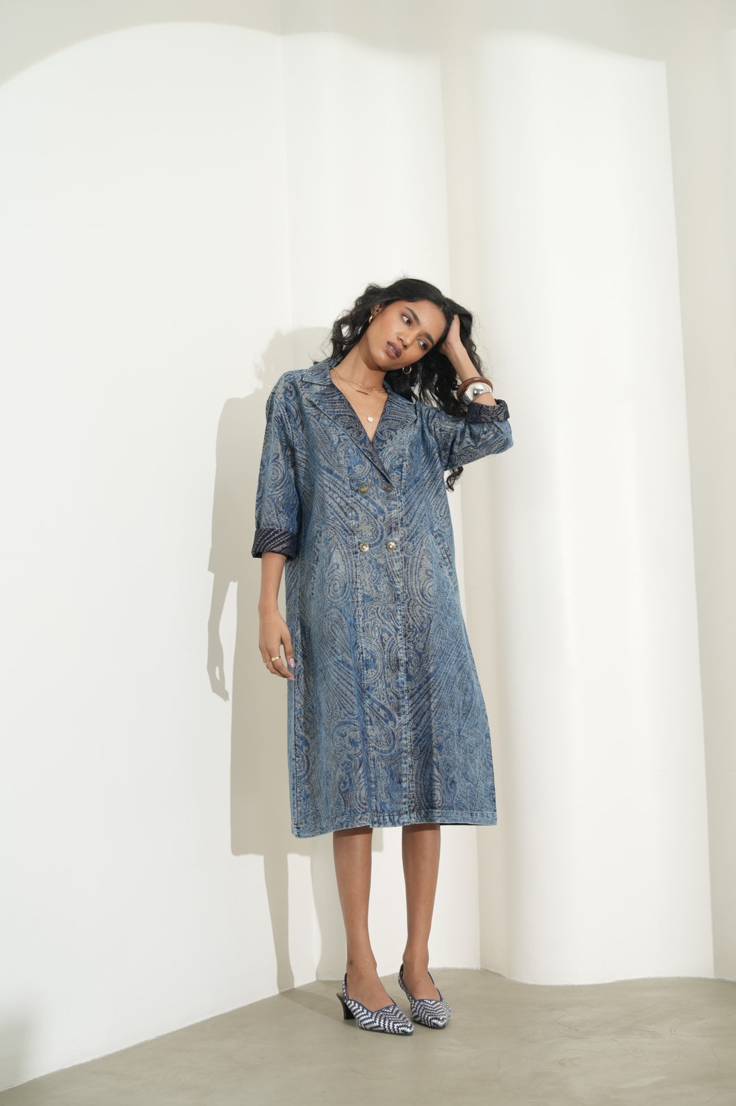 Denim Metallic Brocade Long Jacket
