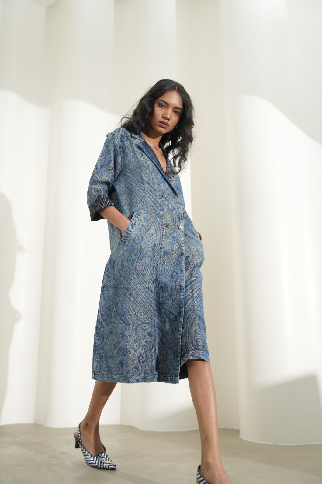 Denim Metallic Brocade Long Jacket
