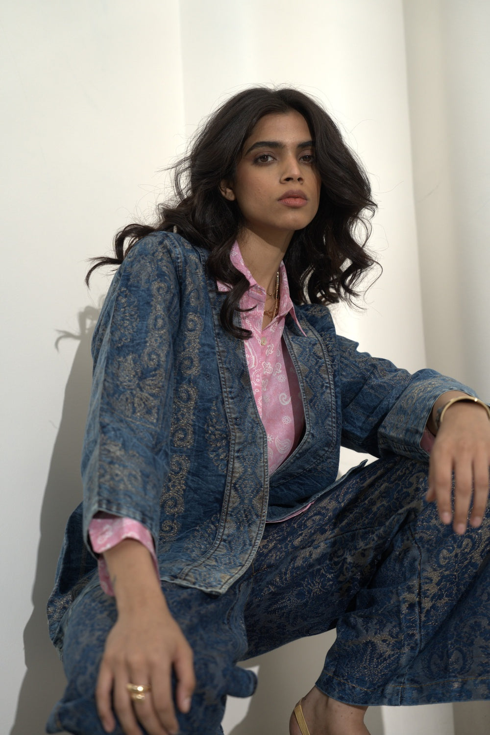 Denim Metallic Brocade Short Jacket
