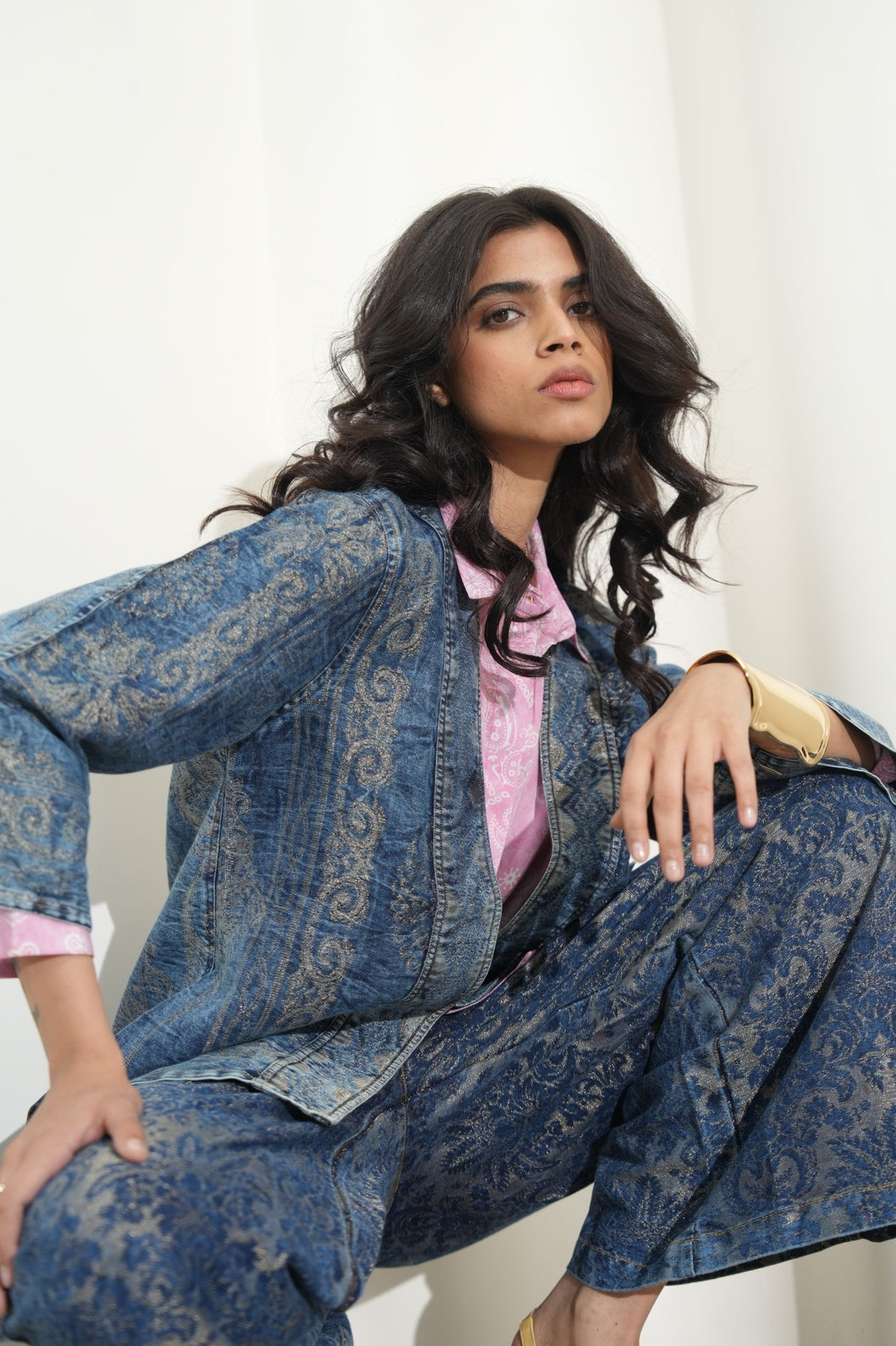 Brocade Tapestry Denim Metallic Flare Pants
