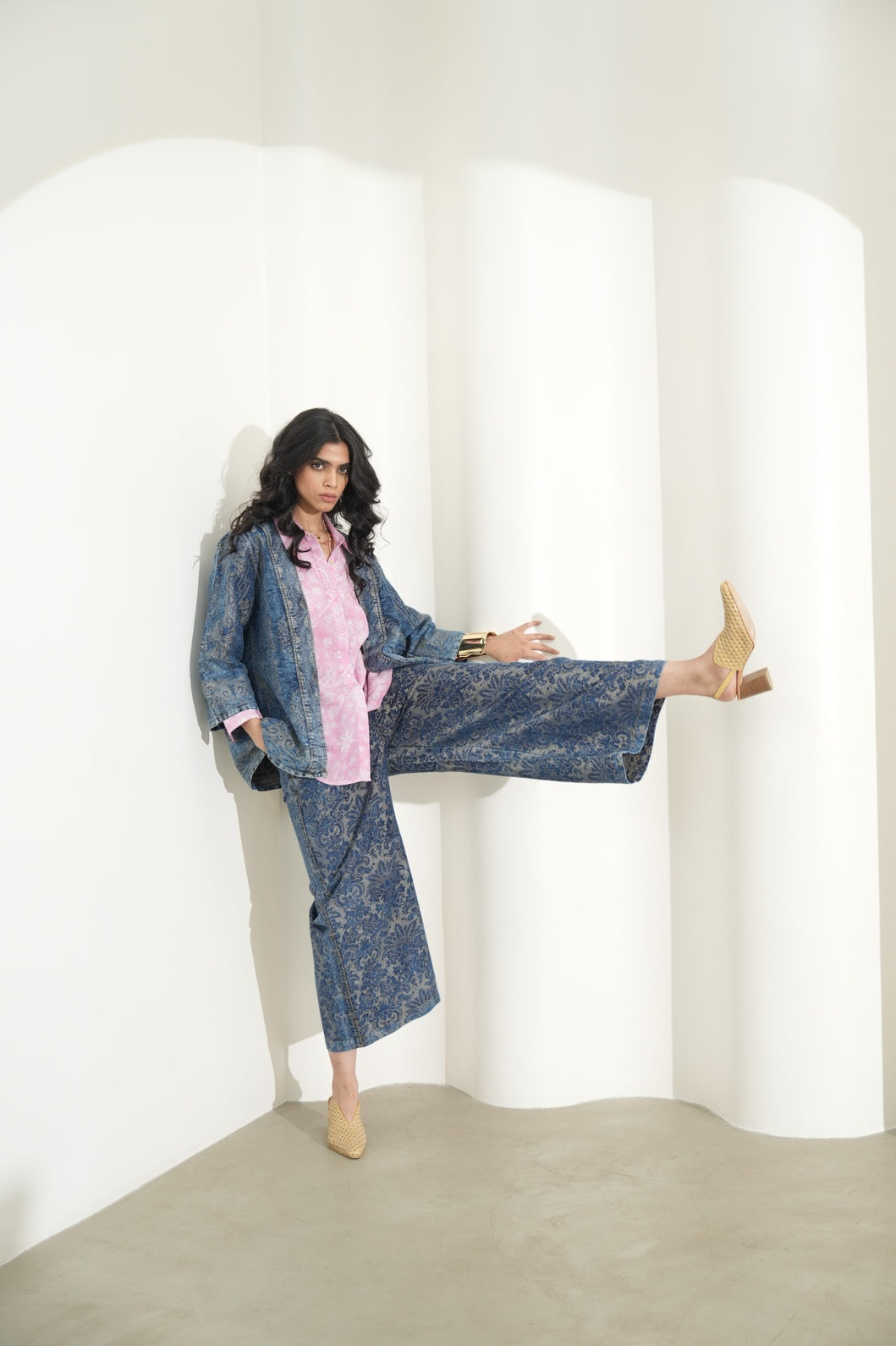 Brocade Denim Metallic Straight Pants