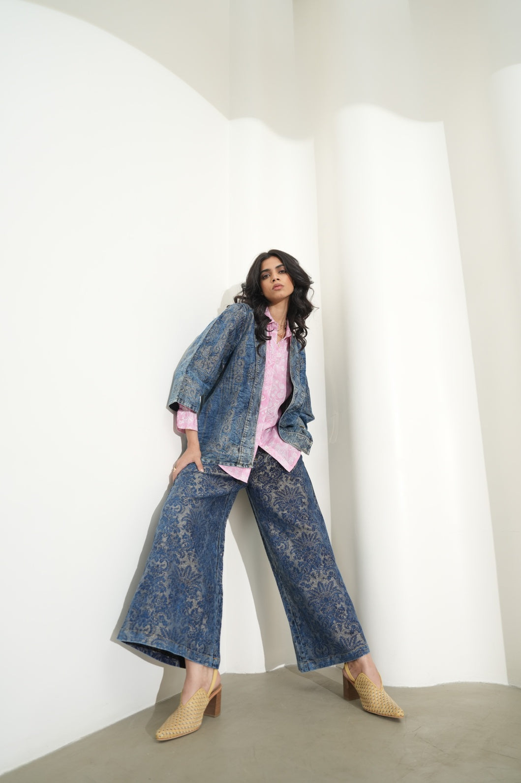 Brocade Denim Metallic Straight Pants