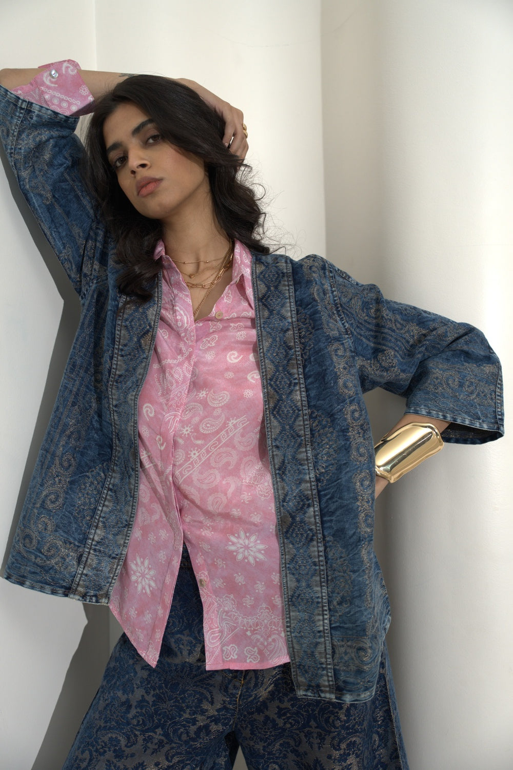 Denim Metallic Brocade Short Jacket
