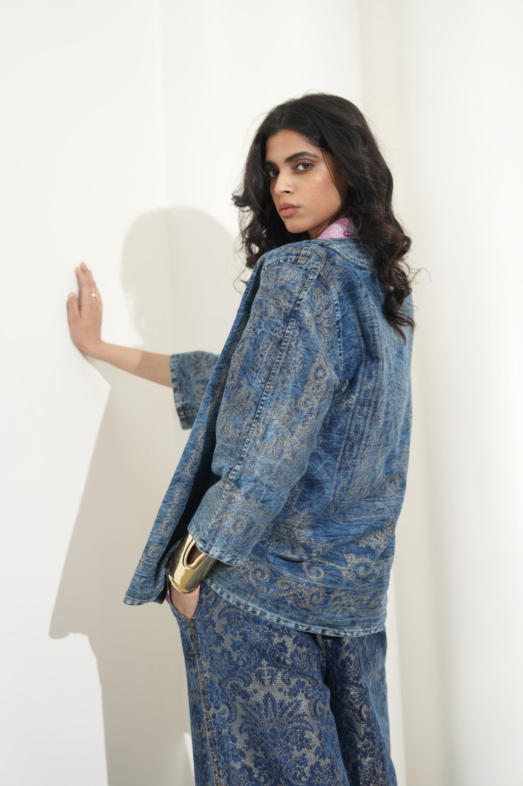 Denim Metallic Brocade Short Jacket