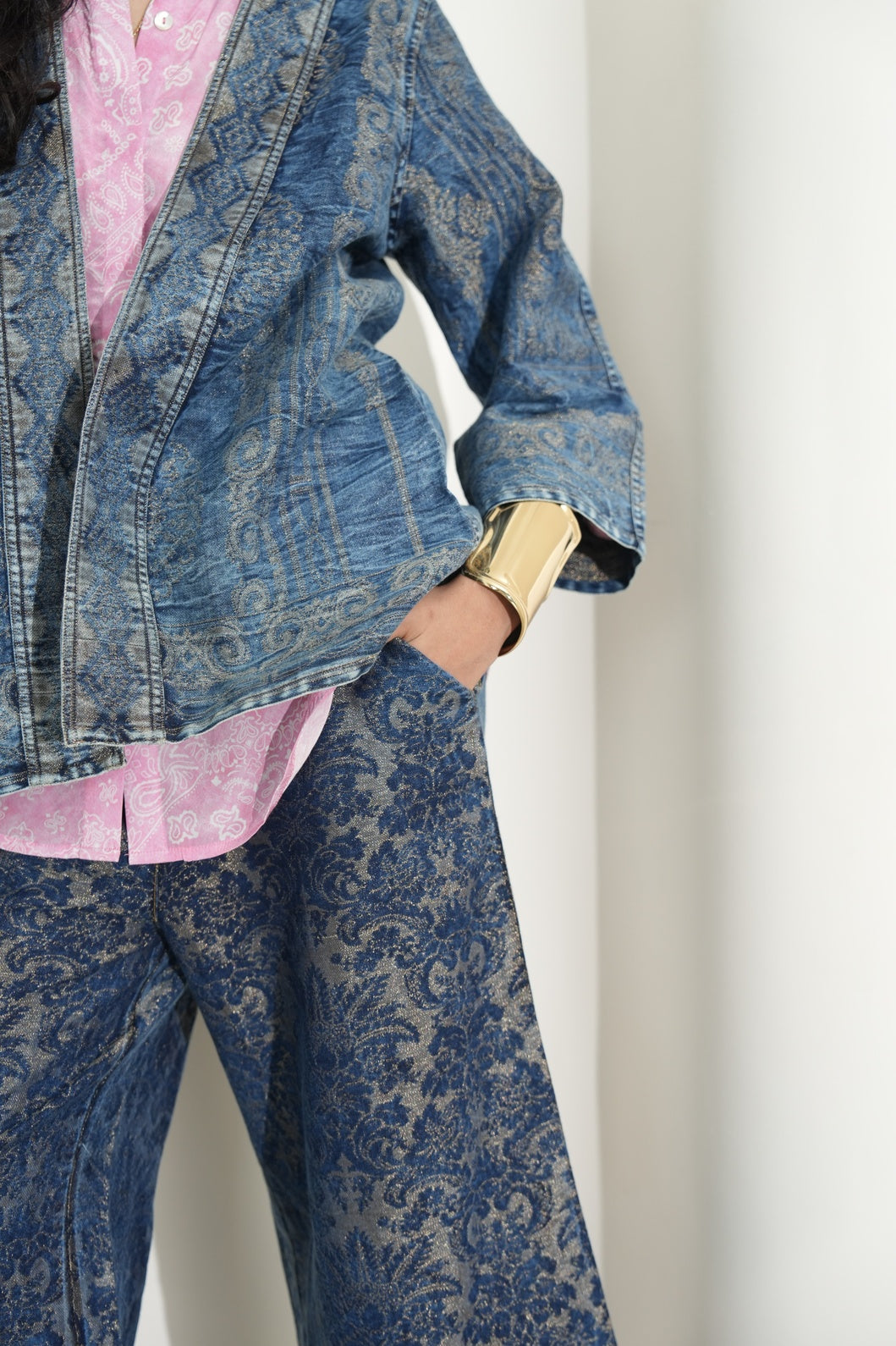 Denim Metallic Brocade Short Jacket