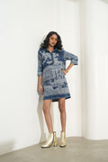 Denim Blue Self Design Brocade Shirt Dress - Pre Order