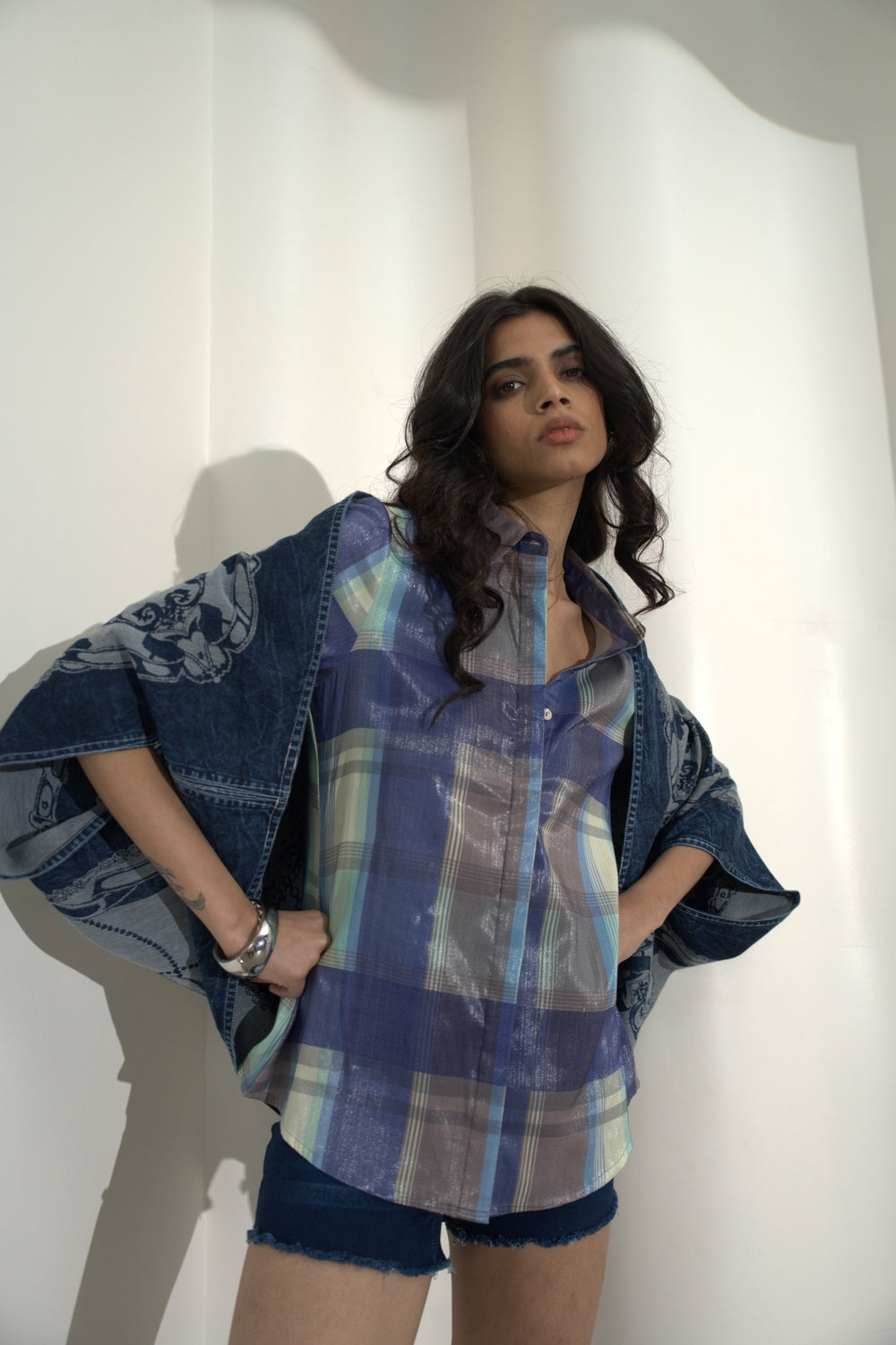Blue Checks Printed Metallic Button Down Shirt