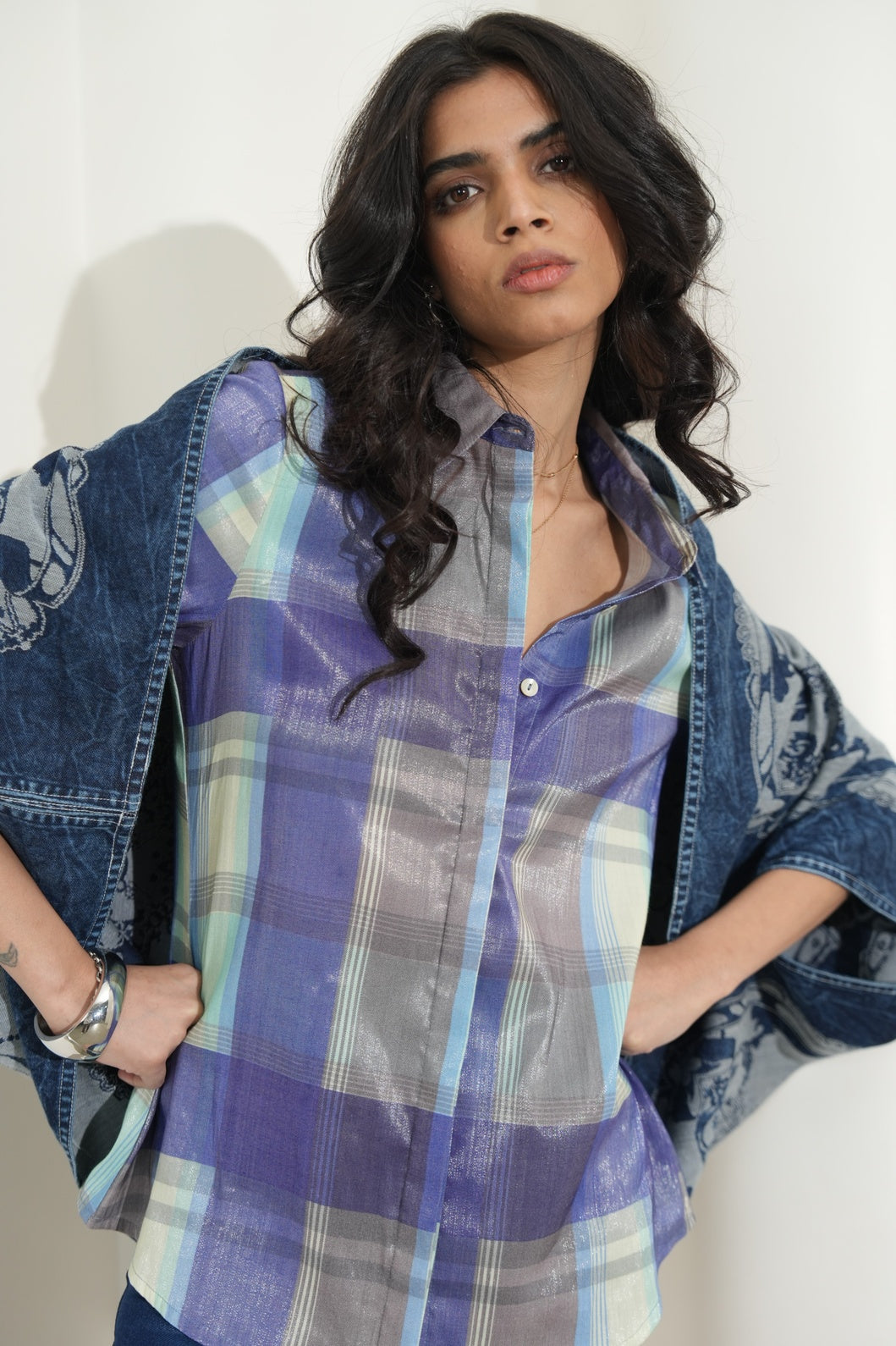 Blue Checks Printed Metallic Button Down Shirt