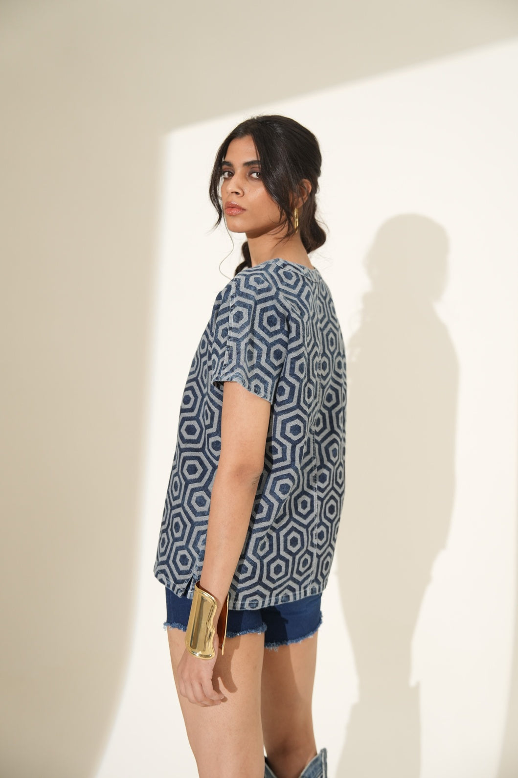Brocade Denim Geometric Design Top
