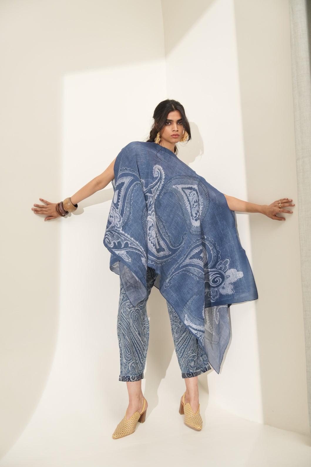 Brocade Denim Paisley Design Pleated Poncho