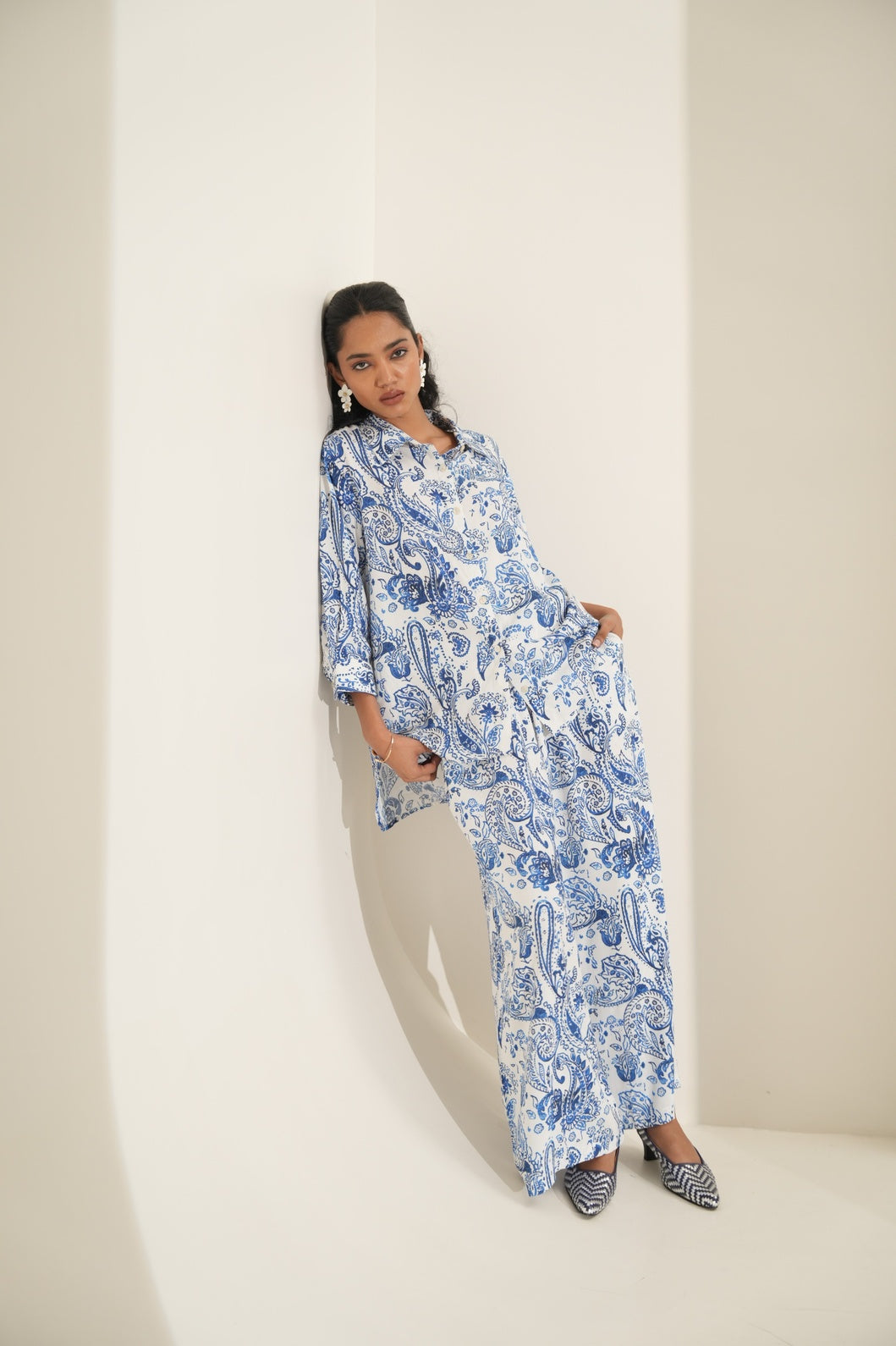 White & Blue Paisley Printed Co-ord Set