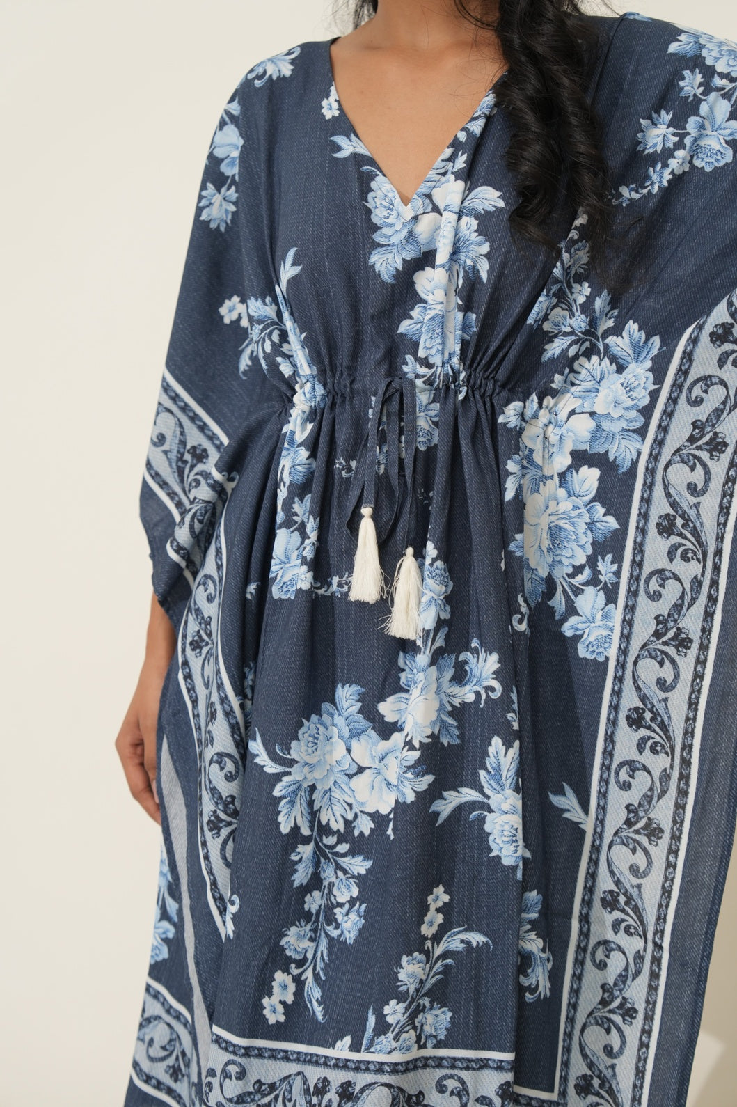 Denim Blue Floral Printed Kaftan Dress