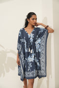 Denim Blue Floral Printed Kaftan Dress