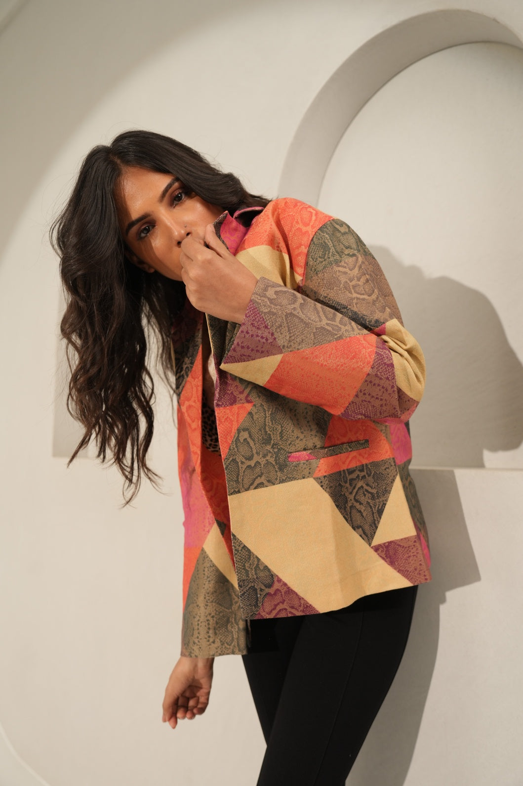 Multicolor Geometric Designed Brocade Short Blazer