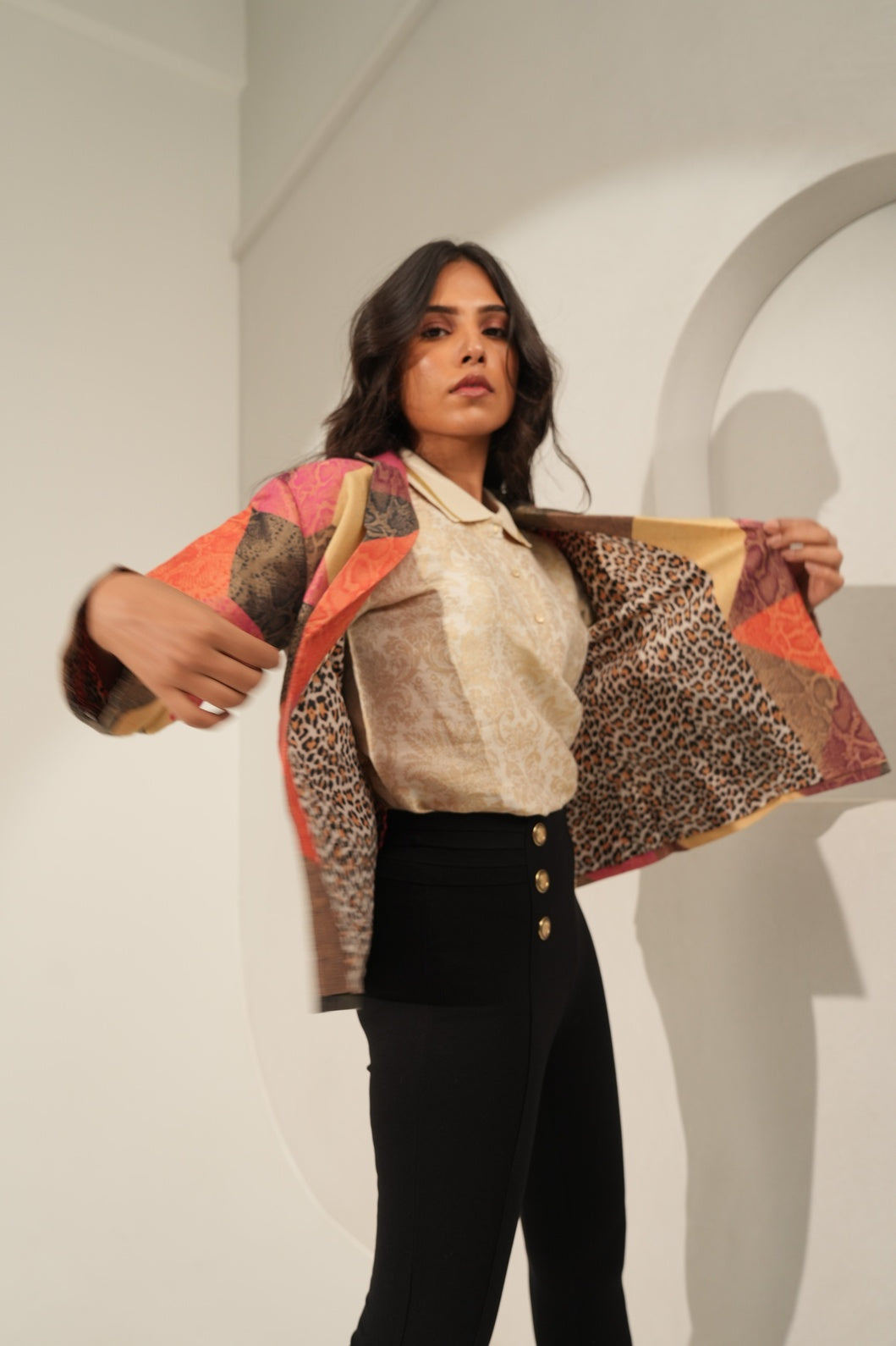 Multicolor Geometric Designed Brocade Short Blazer