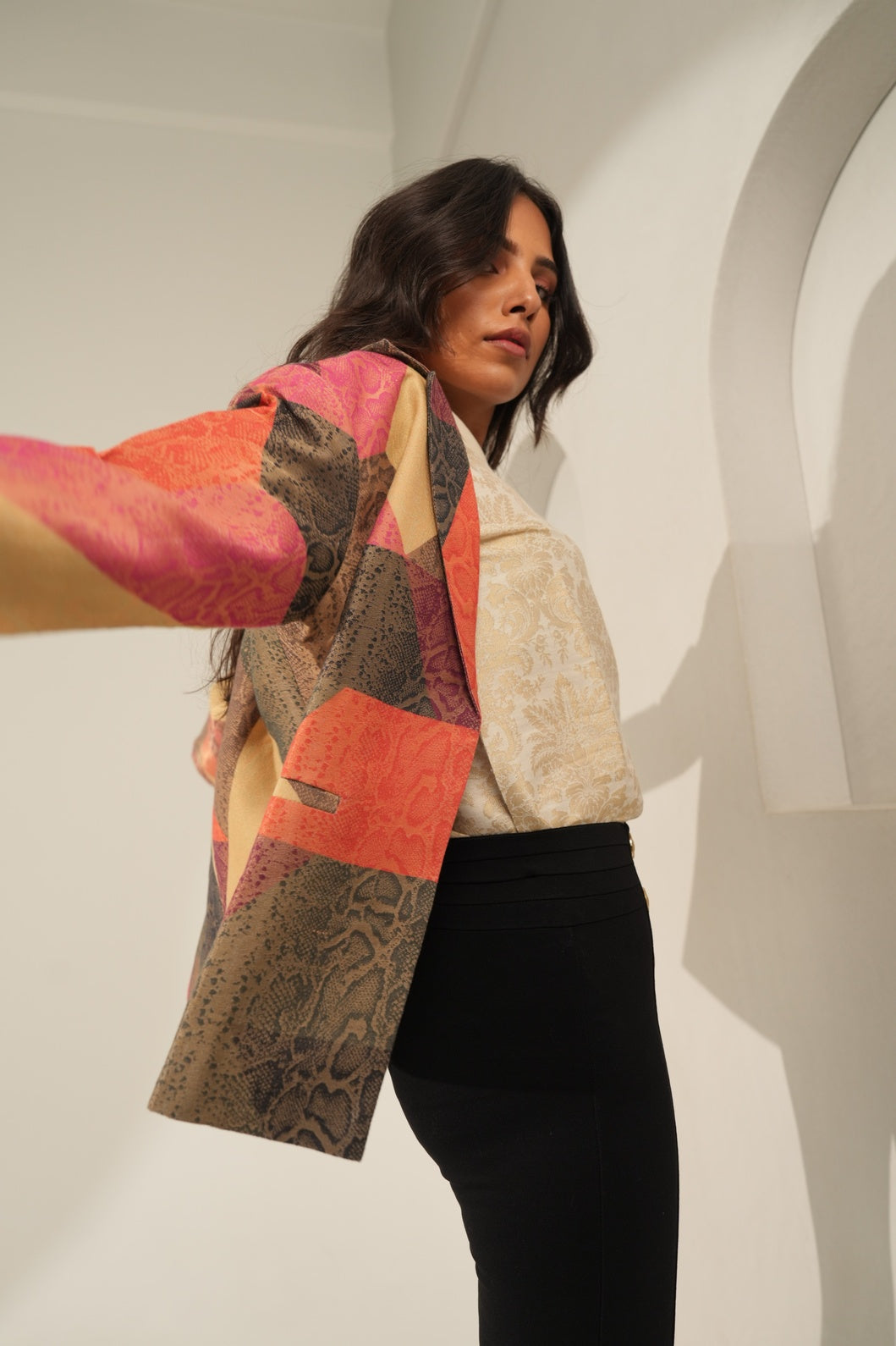 Multicolor Geometric Designed Brocade Short Blazer