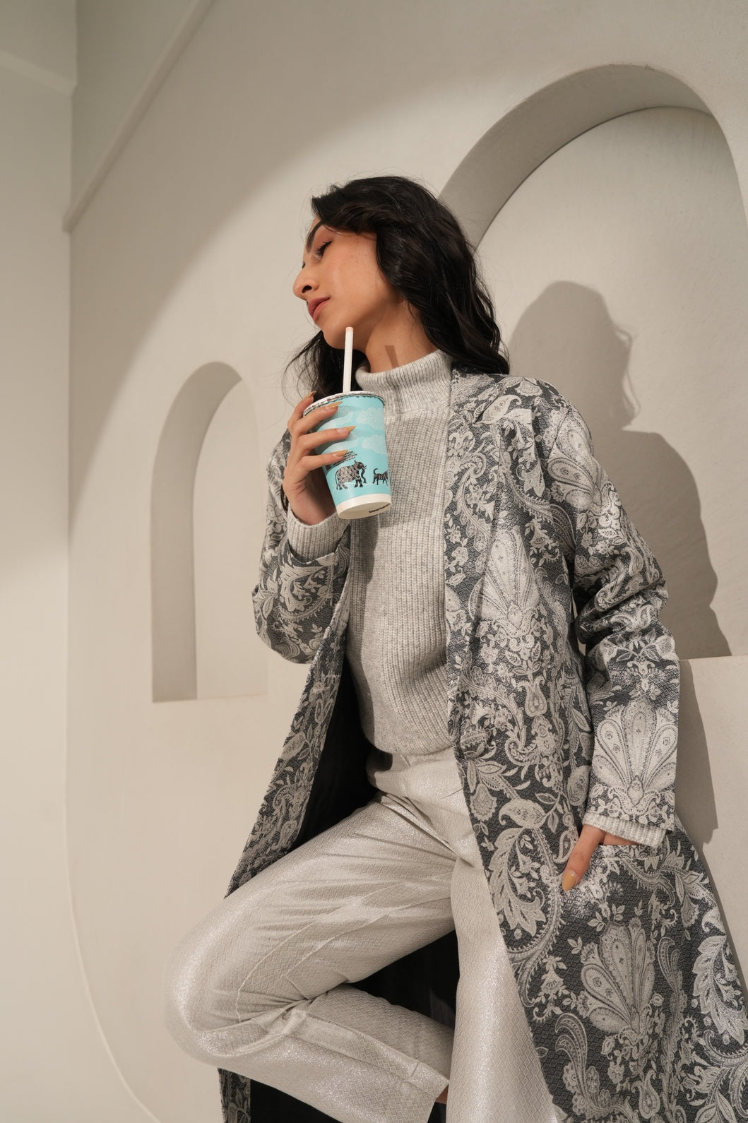 Brocade Paisley Design Black Long Blazer