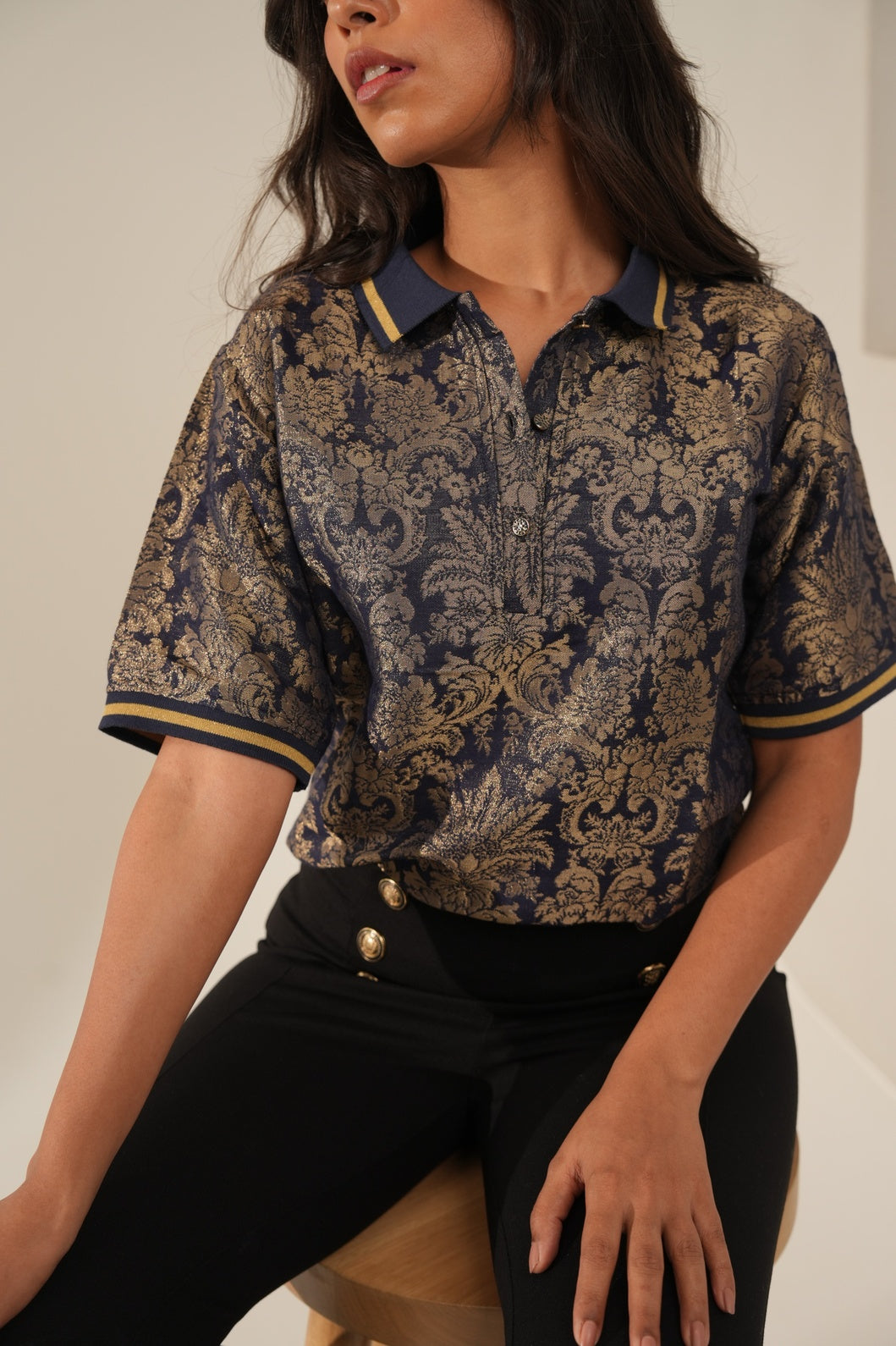 Navy Gold Tapestry Designed Brocade T-Shirt