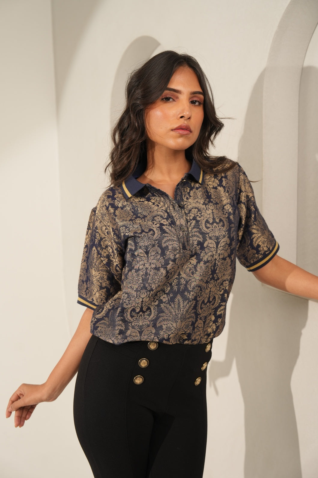 Brocade Tapestry Design Navy T-Shirt