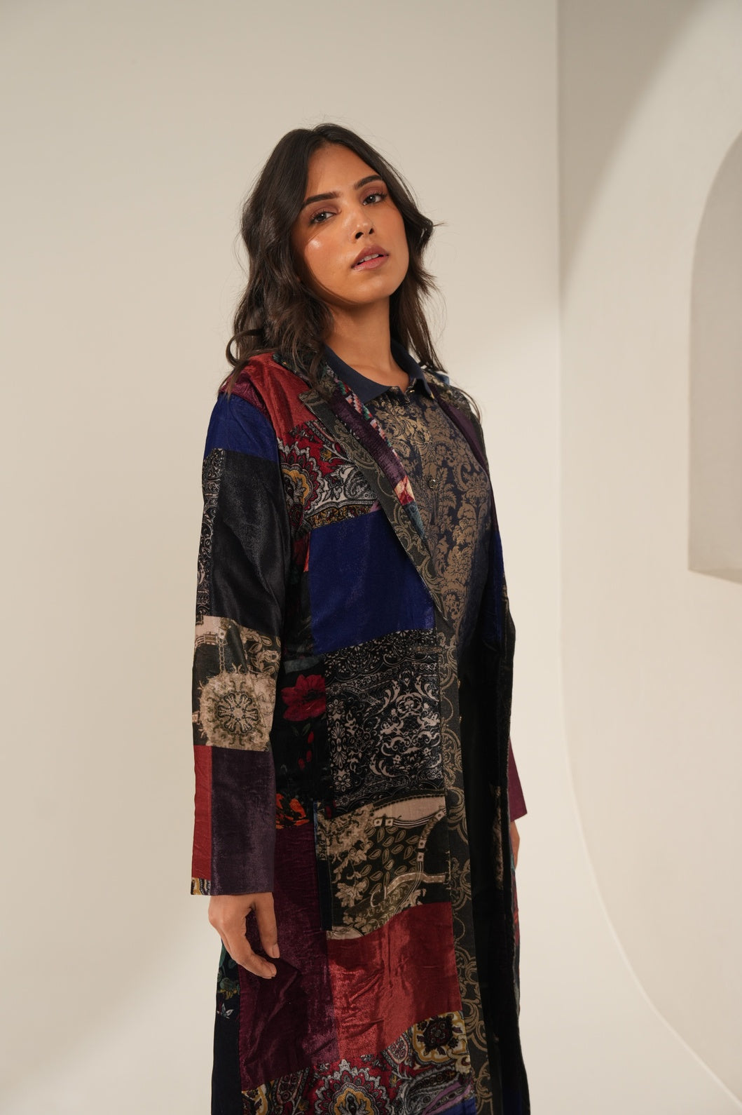 Patchwork Printed Velvet Long Blazer