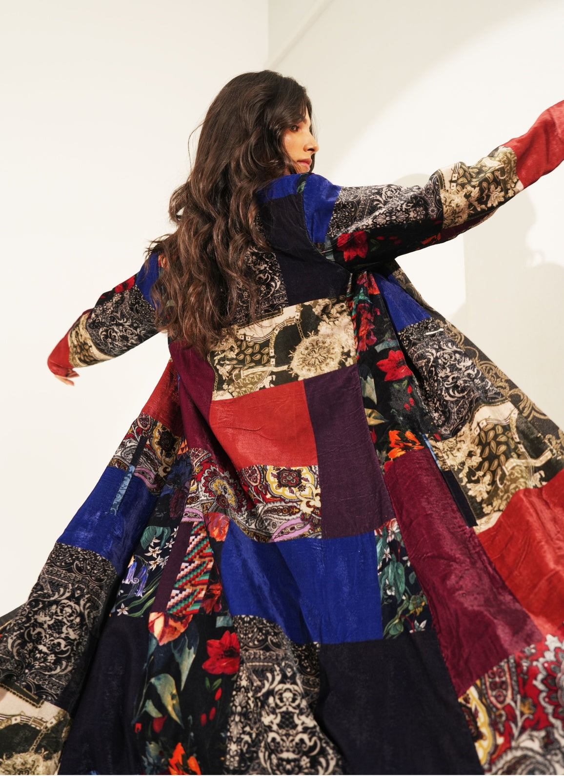 Patchwork Printed Velvet Long Blazer
