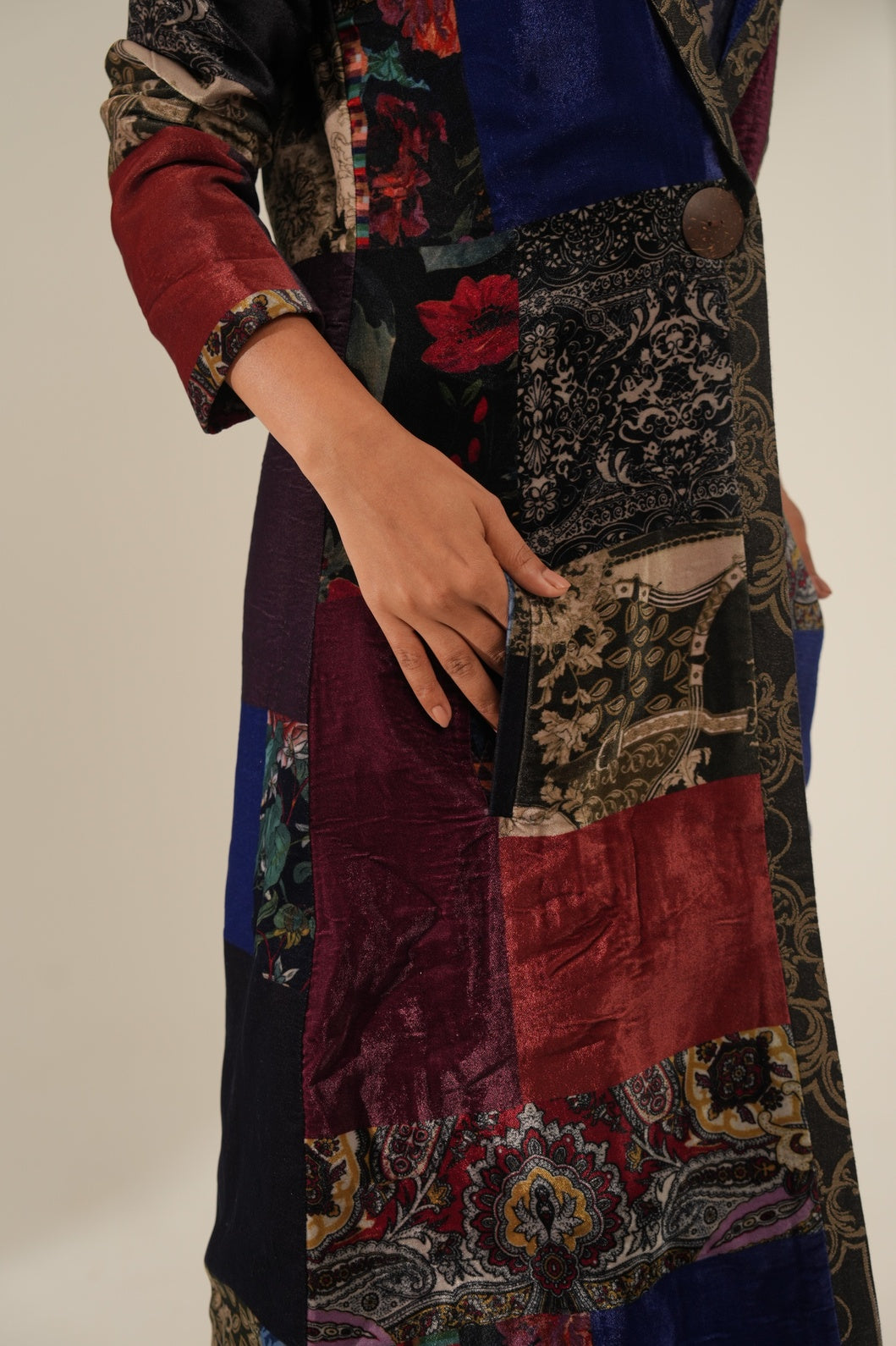 Patchwork Printed Velvet Long Blazer