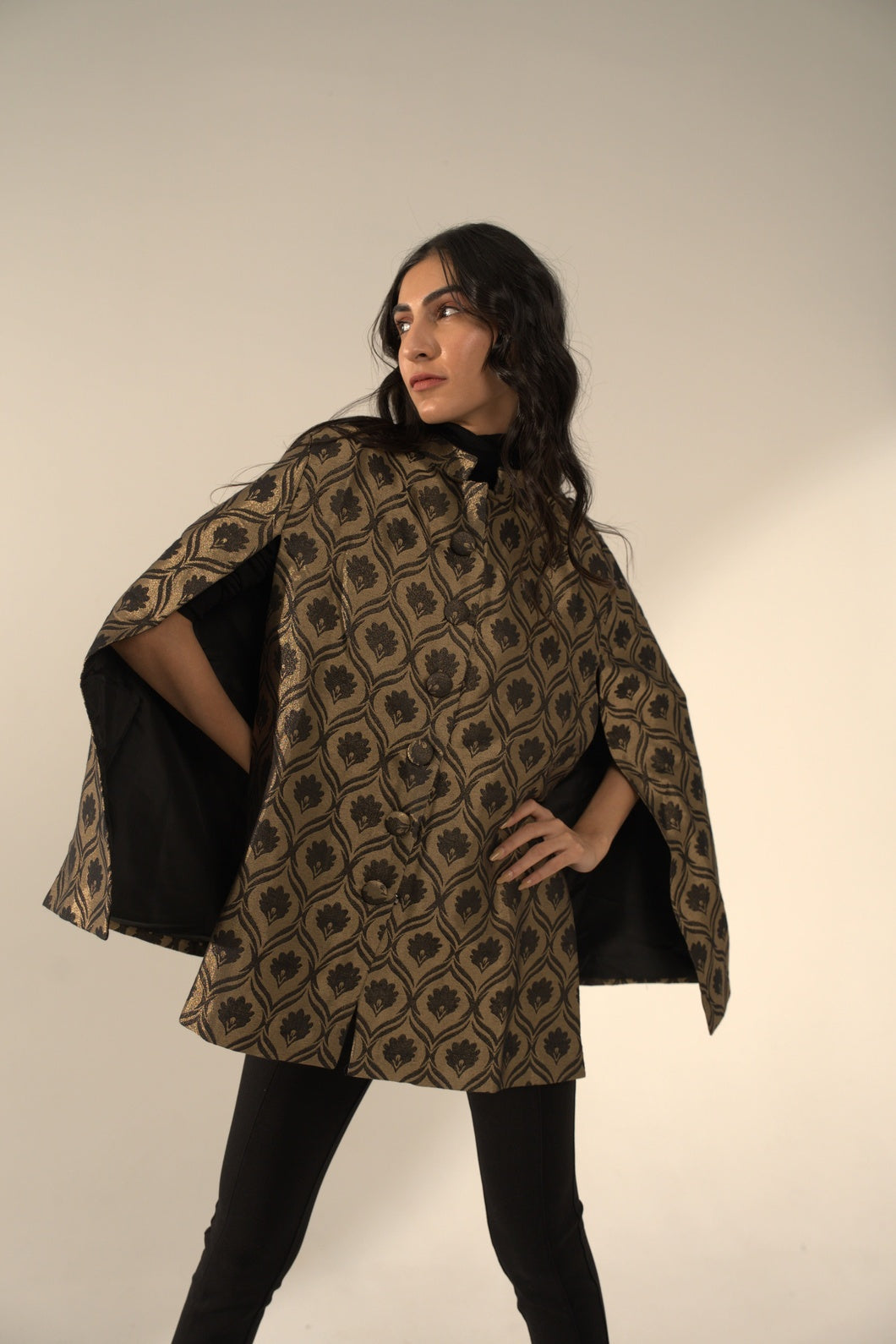 Black Floral Designed Brocade Cape Jacket