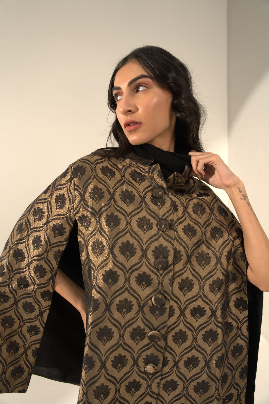 Black Floral Designed Brocade Cape Jacket