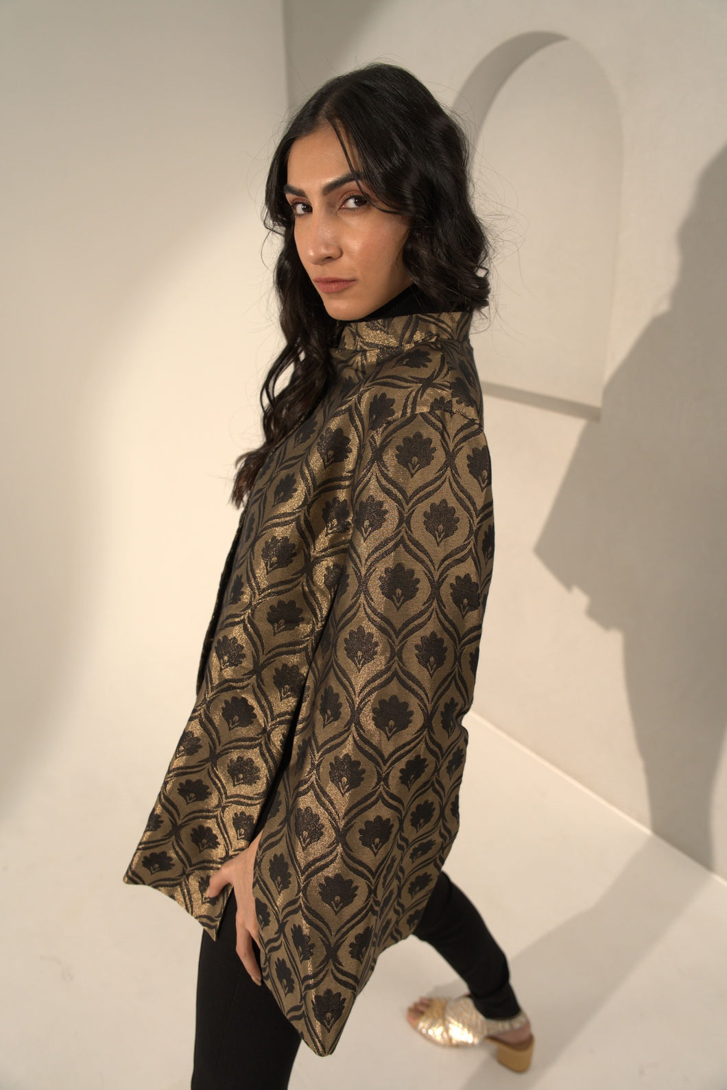 Black Floral Designed Brocade Cape Jacket