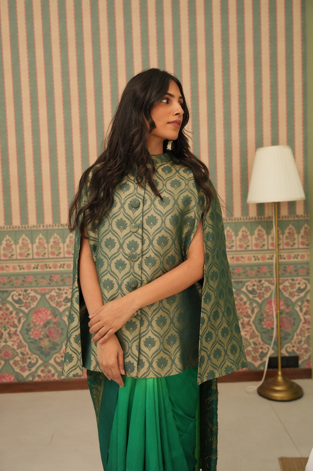 Green Floral Designed Brocade Cape Jacket