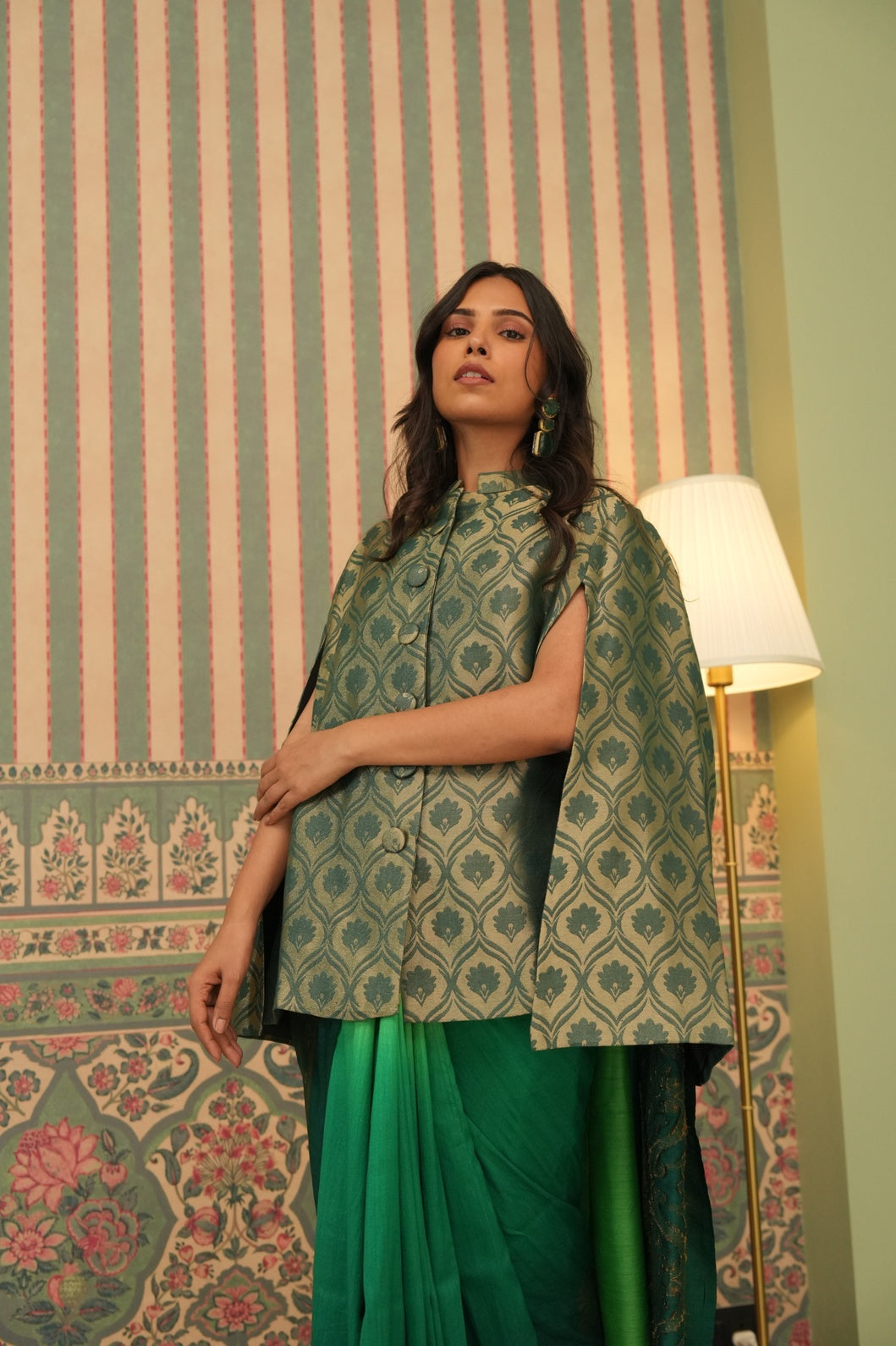 Green Floral Designed Brocade Cape Jacket