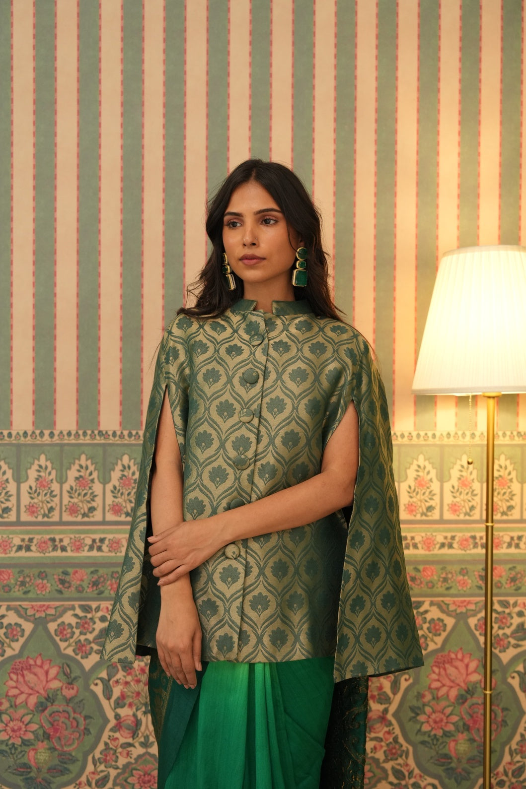 Green Floral Brocade Cape Jacket