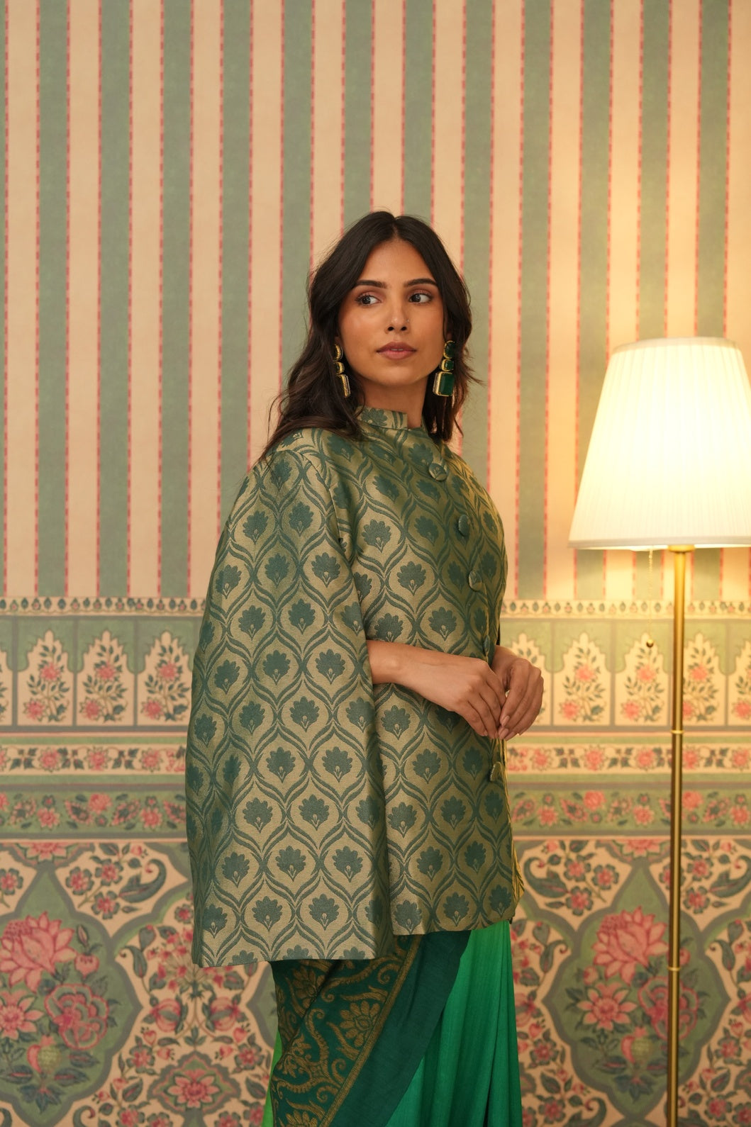 Green Floral Designed Brocade Cape Jacket