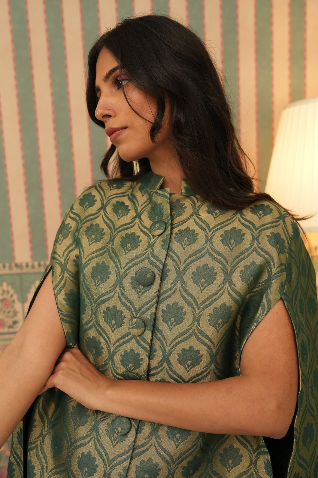 Green Floral Designed Brocade Cape Jacket