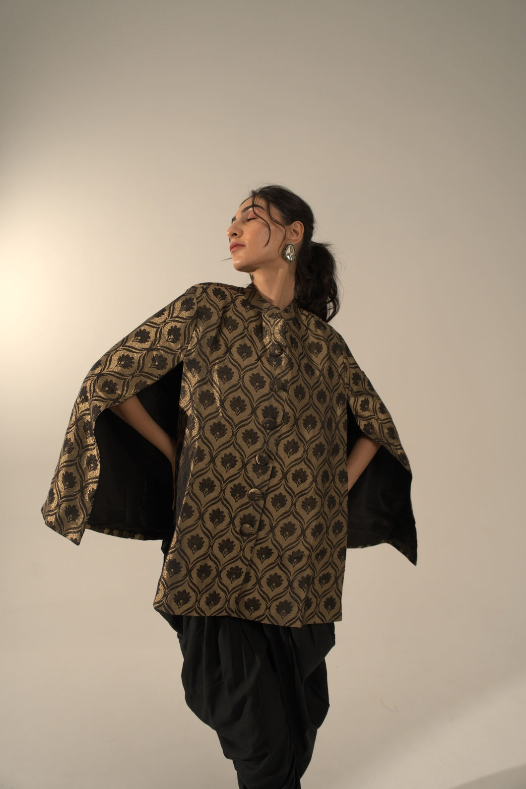 Black Floral Designed Brocade Cape Jacket