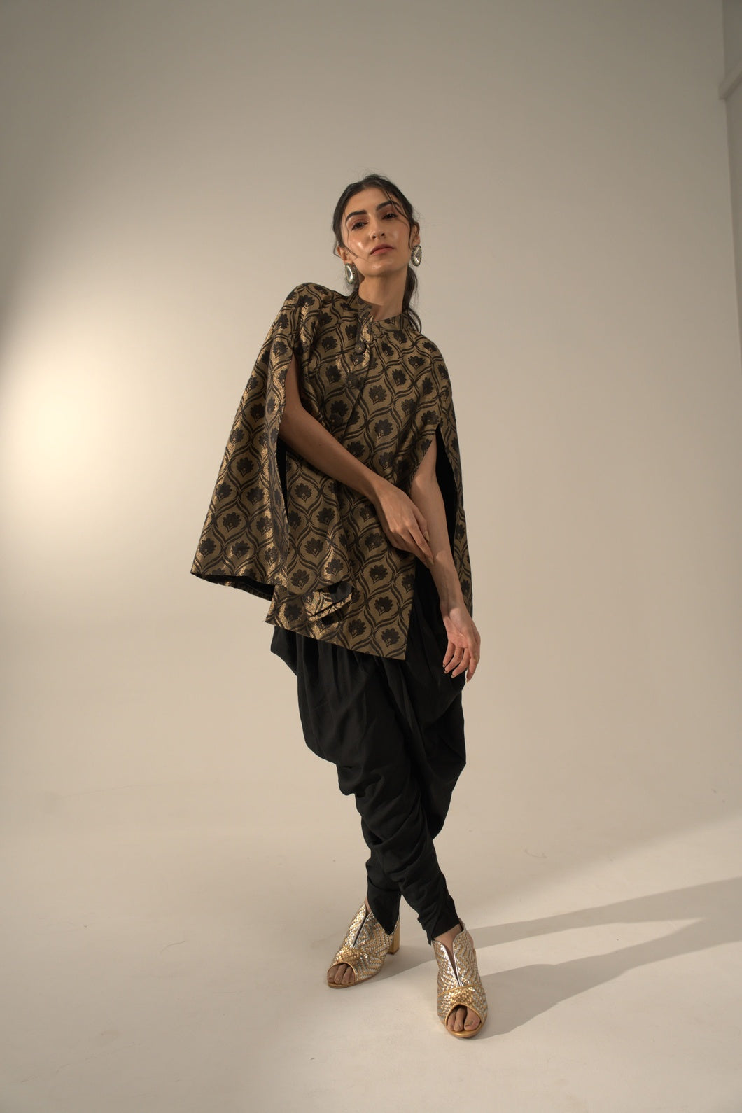 Black Floral Brocade Cape Jacket