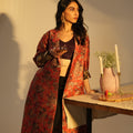 Red Floral Designed Brocade Metallic Long Blazer