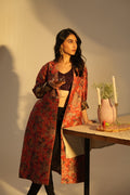 Red Floral Designed Brocade Metallic Long Blazer
